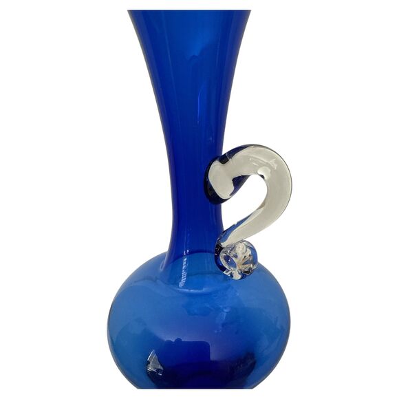 Pair Cobalt Blue Blown Glass Ewer Vases 8" Tall w/ Applied Clear Handles Vintage - Picture 5 of 6